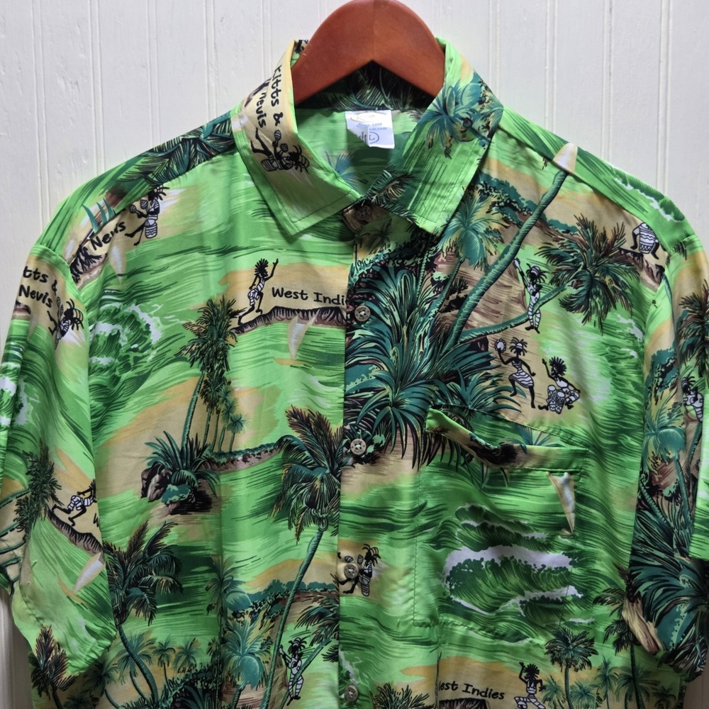Rima Shirt Mens Large Green West Indies Map Hawaiian Short‎ Sleeve Button Up